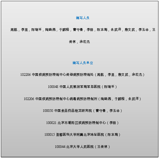 文本框: 编写人员
周航，李昱，陈瑞丰，陶晓燕，于鹏程，曹守春，李丽，陈志海，朱武洋，殷文武，李玉华，王传林，余宏杰

编写人员单位
102206中国疾病预防控制中心传染病预防控制处（周航，李昱，殷文武，余宏杰）
100048中国人民解放军海军总医院（陈瑞丰）
102206中国疾病预防控制中心病毒病预防控制所（陶晓燕，于鹏程，朱武洋）
100050中国食品药品检定研究院（曹守春，李玉华）
100021北京市朝阳区疾病预防控制中心（李丽）
100015首都医科大学附属北京地坛医院（陈志海）
100044北京大学人民医院（王传林）


审核专家
唐青，扈荣良，董关木，严家新，俞永新

审核专家单位
102206中国疾病预防控制中心病毒病预防控制所（唐青）
130122中国人民解放军军事医学科学院（扈荣良）
100050中国食品药品检定研究院（董关木，俞永新）
430060武汉生物制品研究所（严家新）

